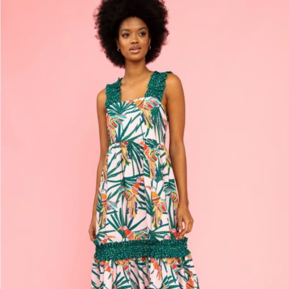 Crosby Tropical Print Midi Dress in Pink and Green